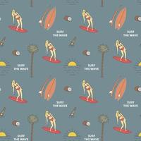 Hand Drawn Vector Seamless Pattern. Surfer Woman, Sun, Coconuts And Palm Trees.