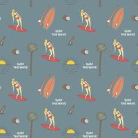 Hand Drawn Vector Seamless Pattern. Surfer Woman, Sun, Coconuts And Palm Trees.