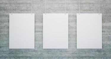 Mockup of three blank white posters hanging on a brick wall. 3d render photo