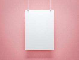 3D illustration. Mockup of a blank white hanging poster on pink photo
