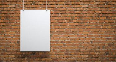 3D illustration. Blank white poster mock-up hanging on the brick wall photo