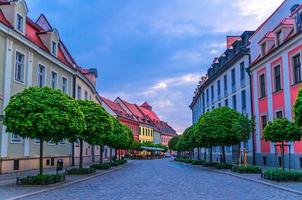 Cobblestone street road with colorful multicolored buildings and green trees photo