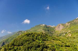 San Bernardino village on the top of green hills with blue sky copy space background photo