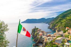 Top aerial view of Vernazza typical village with colorful buildings houses photo