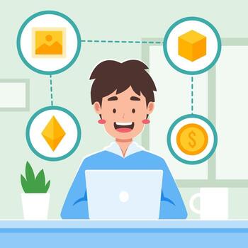 A Man Uploading Image File to NFT Blockchain vector