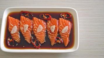 Salmon marinated shoyu or salmon pickled soy sauce in Korean style video