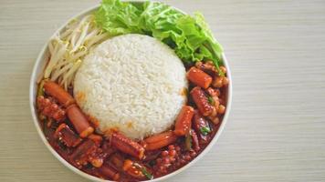 ojing-o-bokeum - calamars ou poulpes sautés avec bol de riz sauce épicée coréenne - style coréen video