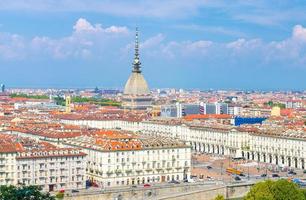 Aerial top panoramic view of Turin city center skyline with Piazza Vittorio Veneto square, Po river photo