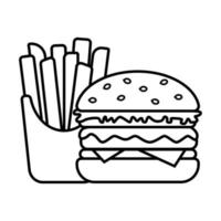 Burger and French fries in box, icon is black and white, isolated on white background. Simple fast food symbol. Hamburger, cheeseburger, fried French fries vector