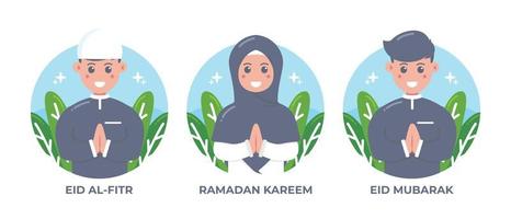 Cute girl and boy moslem celebrating eid mubarak cartoon vector