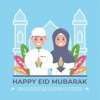 Cute girl and boy moslem celebrating eid mubarak vector