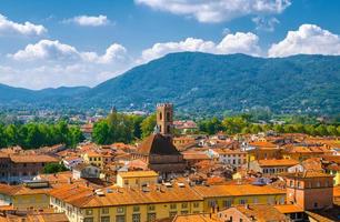 Aerial top panoramic view of historical centre medieval town Lucca