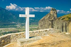 Big white cross of Holy Trinity Meteora Monastery, Kalabaka, Greece photo