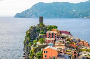 Top aerial view of Vernazza typical village with colorful buildings houses photo
