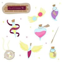 Set of magic items in cartoon style. Tablet, magic wand, glasses, wings, time flywheel, potion, liquid luck vector