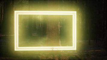 Neon glowing rectangle frame in the night forest