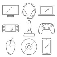 Computer game linear icons. Vector illustration isolated on white background. Video game set - notebook, joystick, gamepad, computer and others