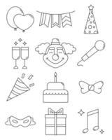 A set of festive linear icons. Vector illustration isolated on white background. Symbols of celebration - balloons, garland, clown, birthday cake and others