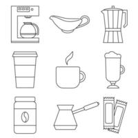 Coffee set linear icons. Vector illustration isolated on white background. Symbol of coffee machine, milk cream, kettle, turkish coffee pot and can of coffee.