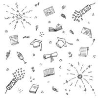 Vector graduation party symbols. Graduation items in doodle style. Black elements isolated on a white background such as square academic cap, fireworks, books and flowers