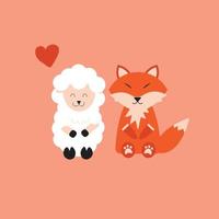 sheep and fox are friendly and happy to stay together and love their enemy vector