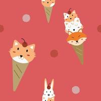 cat and fox ice cream fabric seamless cute pattern in red background vector
