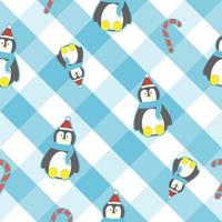 cute penguin in blue and white check pattern for print or fabric vector