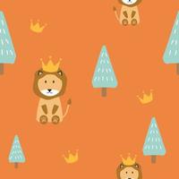 cute lion with crown in the forest seamless pattern for print or fabric vector