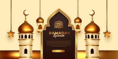 ramadan mubarak kareem banner with 3d golden dome mosque with hanging lantern and star with arabic calligraphy vector