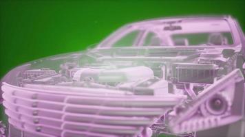Holographic animation of 3D wireframe car model with engine