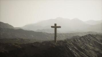 wooden Crucifix cross at mountain video