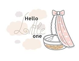 hello Little One nursery poster. Printable art for kids. Baby girl illustration in pinkdoodle hand drawn Cartoon sketch style for icon, banner. vector
