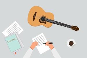 The musician writes the lyrics for the song. Illustration with guitar, notebook, cup a coffee. Vector top view