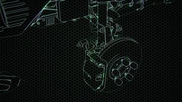 Holographic animation of 3D wireframe car model with engine video