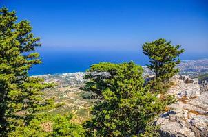 Aerial view of Kyrenia District valley with Kyrenia Girne city and Mediterranean sea in sunny day, green trees on rock of Kyrenia Girne mountains photo