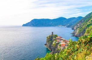 Top aerial view of Vernazza typical village with colorful buildings houses photo
