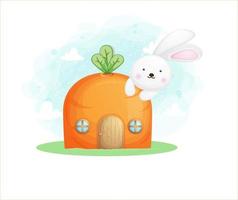 Cute bunny with carrot home. happy easter day vector