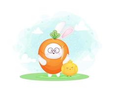 Cute happy smiling bunny in carrot costume. happy easter day vector