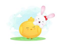 Cute happy smiling bunny hugging chick. happy easter day vector