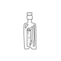 Hand drawn vector illustration of a bottle with message inside. Cute illustration of bottle icon on a white background.