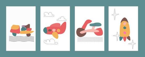 Four kids primitive abstract posters set vector illusutration
