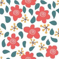 Red simple flowers pattern with green leaves and yellow berries vector