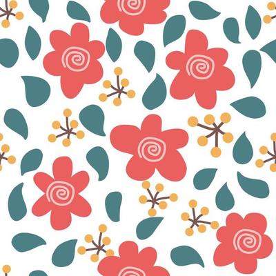 Red simple flowers pattern with green leaves and yellow berries