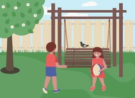 Boy and girl playing ball in their garden. Flat vector illustration.