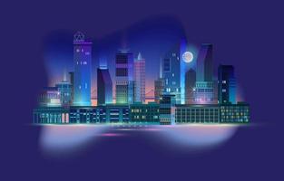 Night City Panorama with Neon Glow on Dark Background. Vector. vector