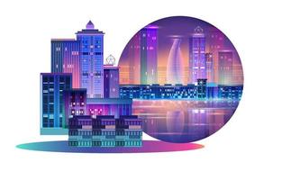 Night City Panorama with Neon Glow. Vector illustration.