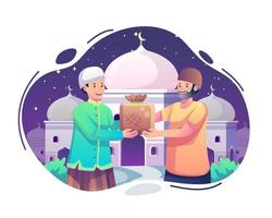 joven dando comida o zakat a un anciano en el mes sagrado de ramadán. gente dando limosna y caridad. ilustración vectorial de estilo plano vector