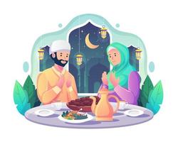 pareja musulmana rezando antes de tener iftar después de ayunar durante ramadan kareem mubarak. comida y dátiles en la mesa. ilustración vectorial de estilo plano vector