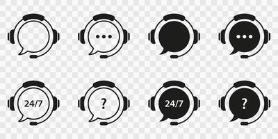 Client Support Silhouette and Line Icons Set. Headset with Question Mark, Ellipsis on Transparent Background. Hotline Concept. Around Clock Telephone and Online Help Pictogram. Vector Illustration.