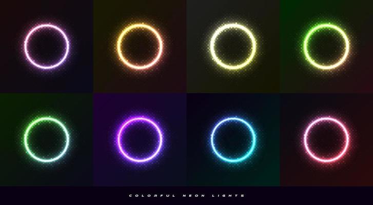 Set of Circle Frame with Glowing Neon Effect and Halftone Style. Collection of Colorful Neon Lighting Isolated on Dark Background with Copy Space